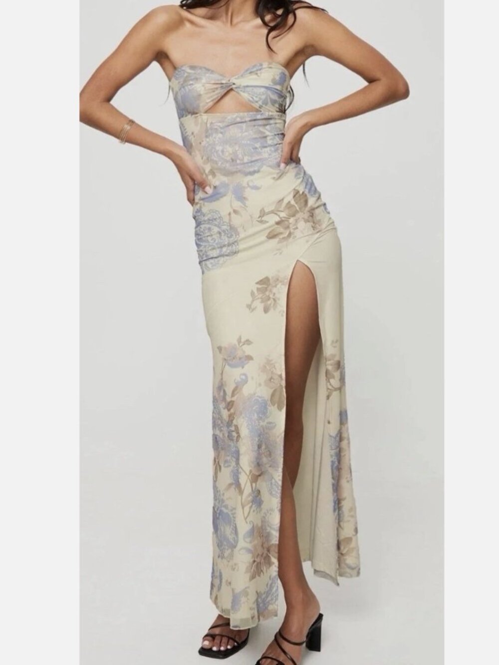 Princess Polly Kyanne High Split Maxi Dress Cream Multi Size 10